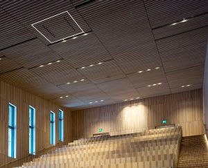 AV-udstyret er indbygget i vægge og loft. Projektoren er indfældet i loftet og monteret på en lift således den også kan serviceres fra gulvhøjde.